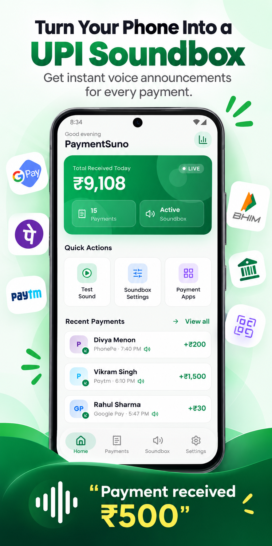 PaymentSuno home screen showing today's total and recent payments